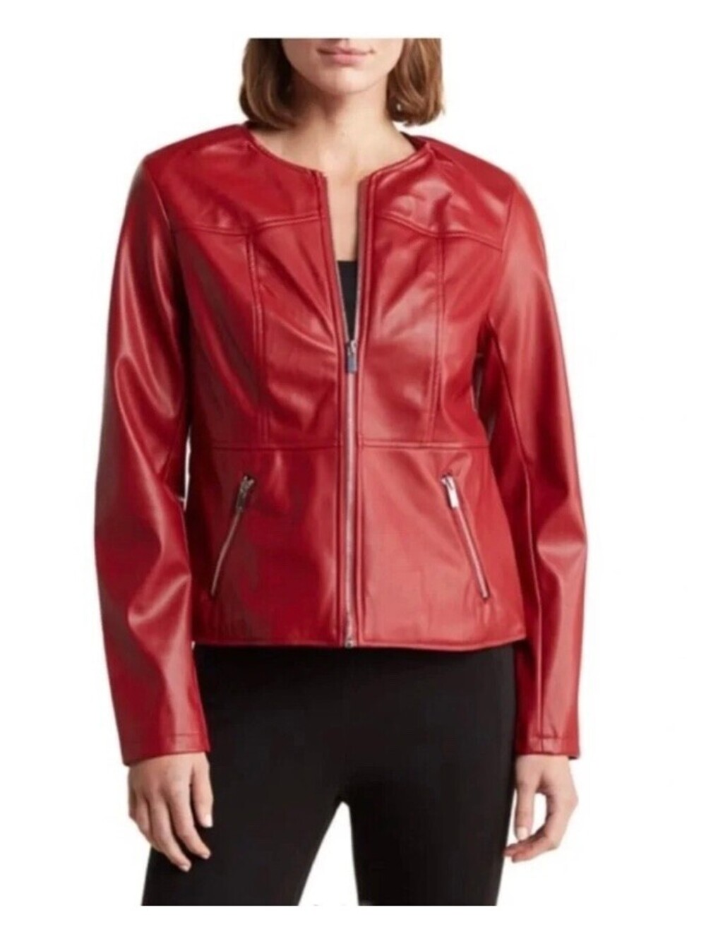 Tahari Moto Faux Leather Dark Red Collarless Jacket - Size 10